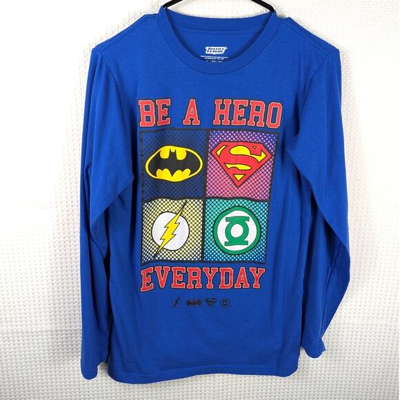 Justice League Be A Hero Long Sleeve Shirt XL Blue Superman Batman Flash Lantern - Picture 1 of 4
